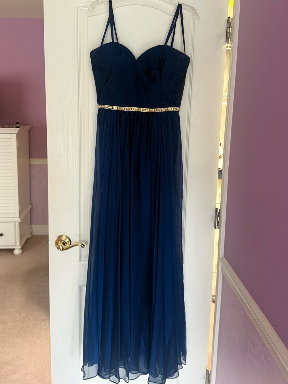 La Femme Navy Blue Chiffon Maxi Dress with Beaded Waist
